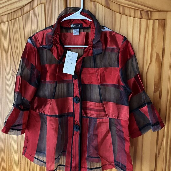 NEW Womens Size Medium Damee, Inc. Sheer Dressy Fancy Red Black Shirt Blouse Top - Picture 1 of 10